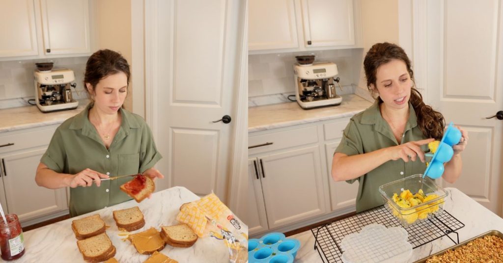 2 photos of myself prepping my toddlers meals including freezable PB & J, egg cups, and granola