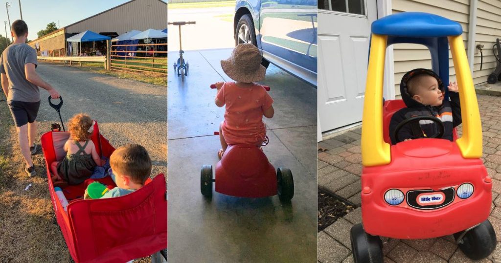 toddlers in collapsible wagon; 1 year old riding trike; 1 year old in cozy coupe