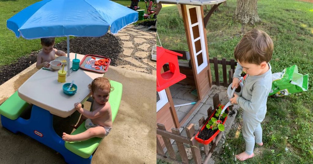 toddlers at picnic table; toddlers watering flowers