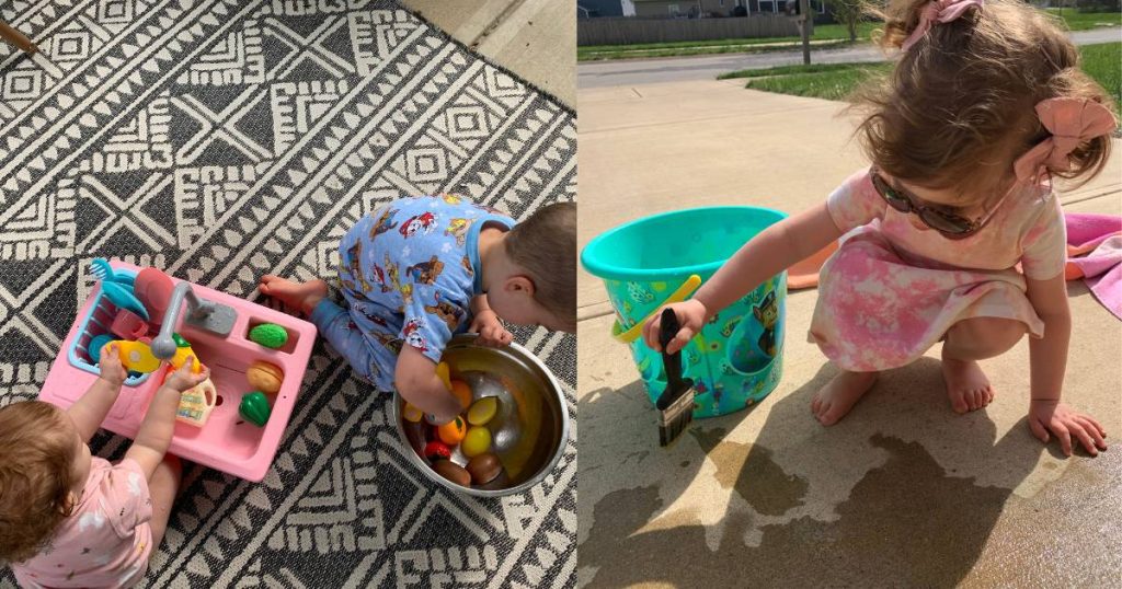 toddler playing with sink; toddler playing with paint brushes