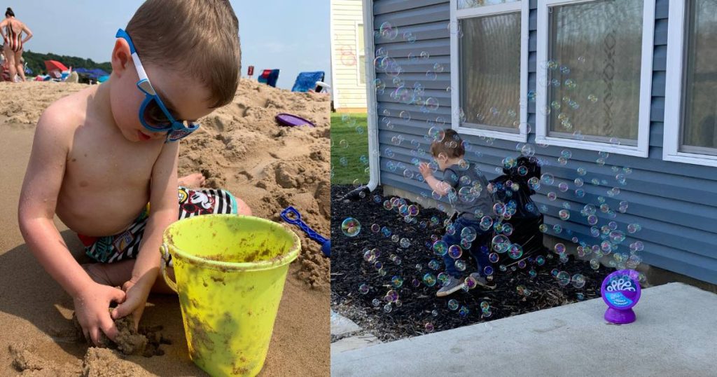 toddler playing in sand; toddler with bubble machine