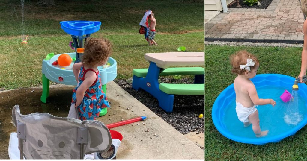 toddler at water table; toddler in kiddie pool