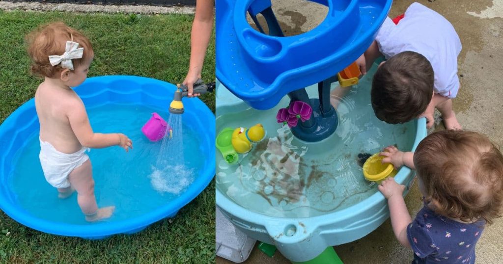 1 year old wading in a kiddie pool; 2 toddlers playing in a water table
