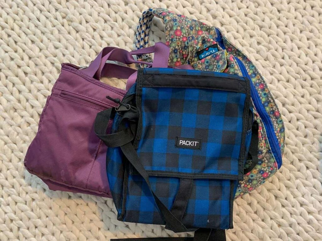 best lunch boxes for women ( Pack it lunch box, large purple lunch box, kavu cooler crossbody bag)